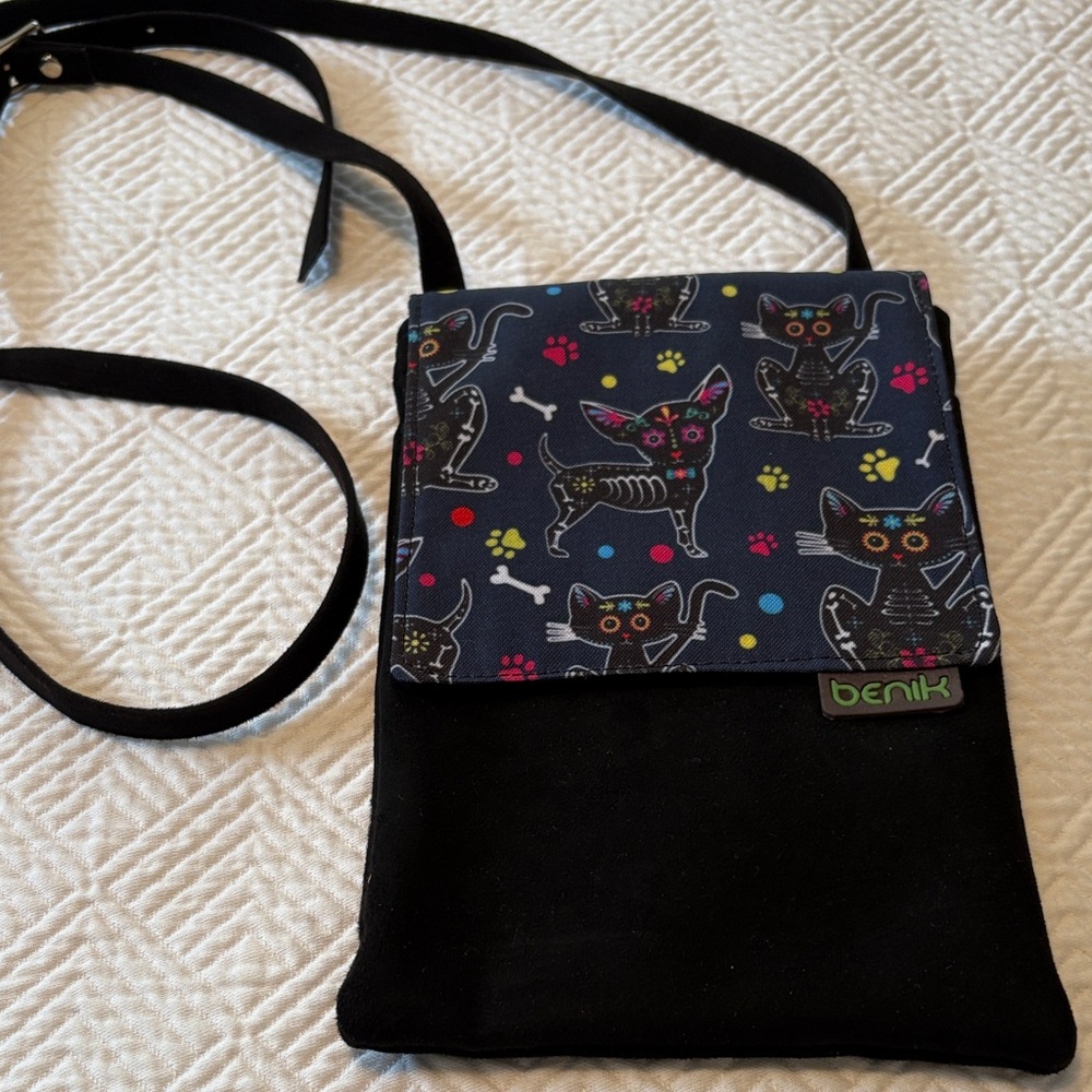 Black and Multicolor Cat & Dog skeleton Print Mini Bag